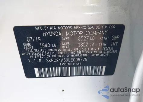 2020 Hyundai Accent Se z USA, uszkodzony, nr VIN 3KPC24A6XLE096779